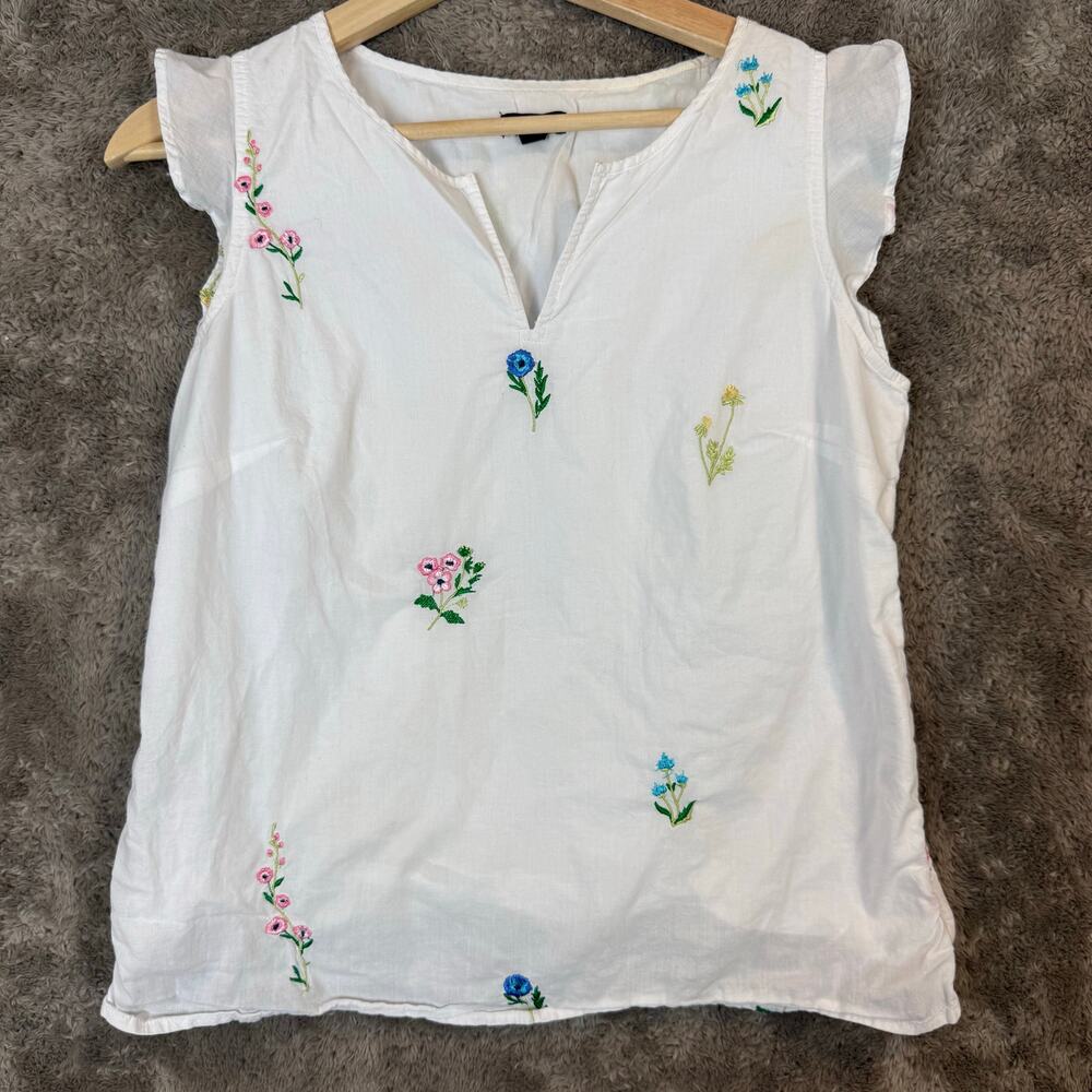 Talbots Flutter Sleeve Floral Embroider White Cotton Voile Top V Neck SP PS